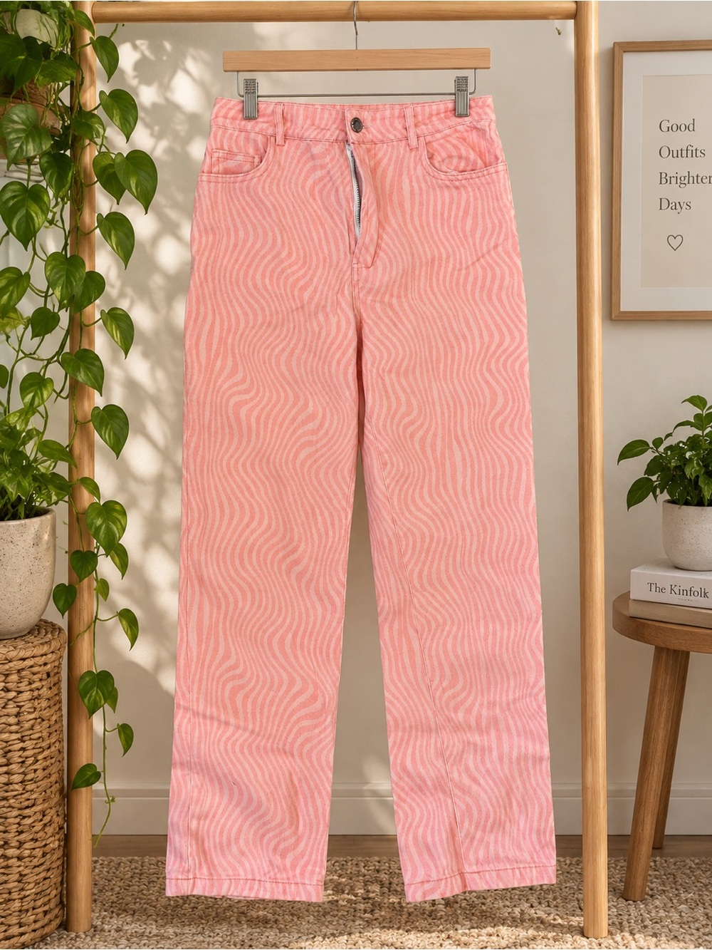 Peppermayo Pink Wavy Print Straight Leg Jeans Size US 4